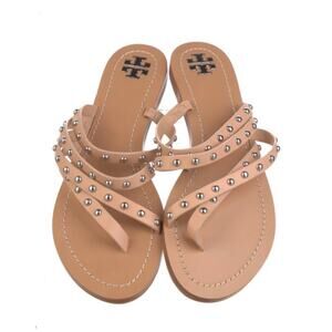 Tory Burch Women's 7.5 Studded Tan Nude Leather Slide Thong Strappy Sandal